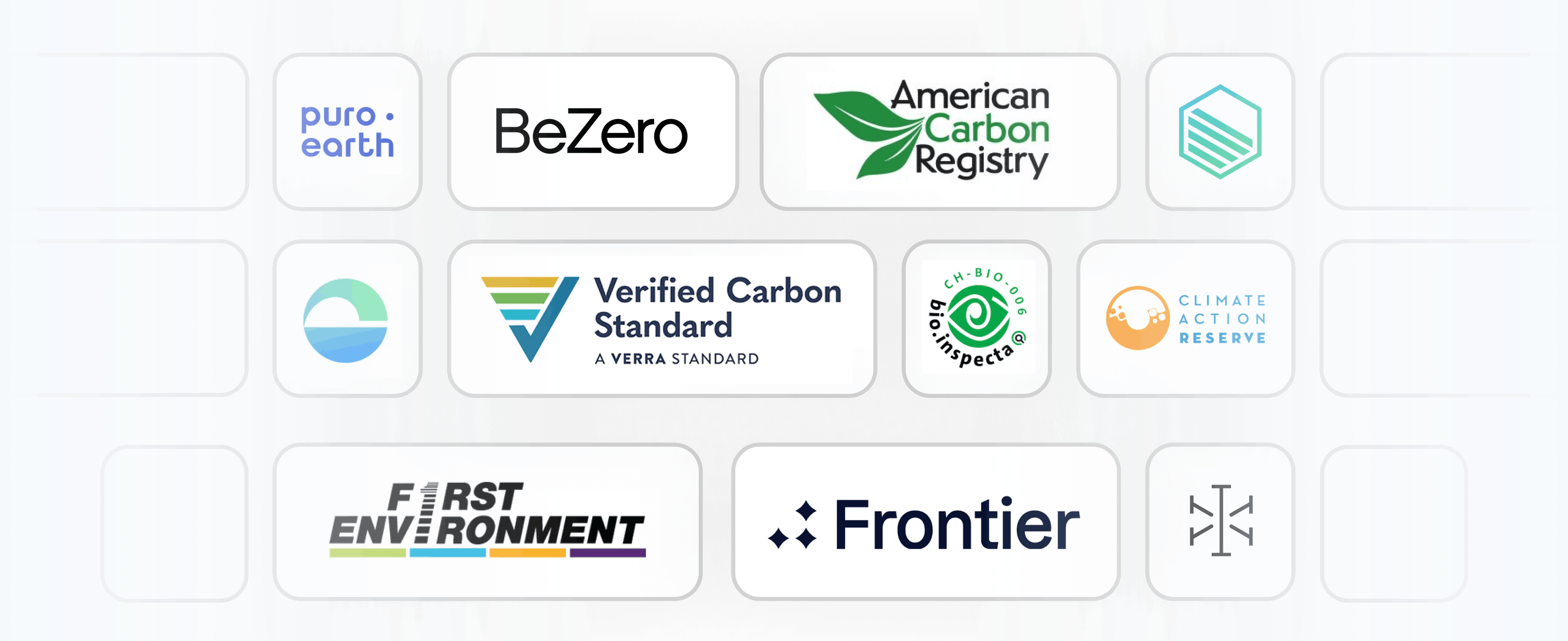 Logos of various certification bodies and data platforms including PuroEarth, BeZero, American Carbon Registry, Verified Carbon Standard, and others